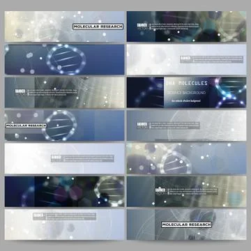 Set of modern vector banners. DNA molecule structure on dark blue background Stock Illustration