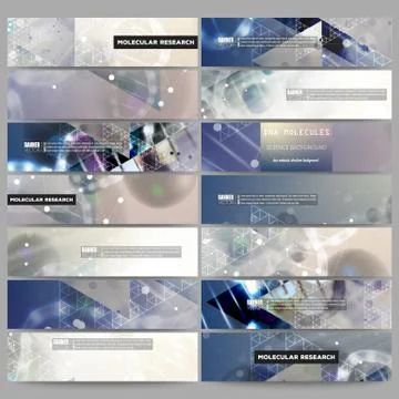 Set of modern vector banners. DNA molecule structure on dark blue background Illustration