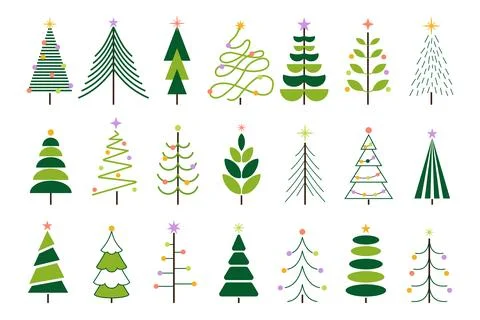 Set of modern vector Christmas trees with ornaments and stars Illustrazione stock
