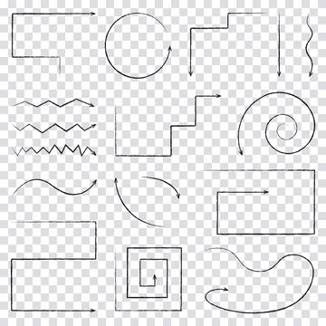 A set of modern vector curved arrows drawn in black pencil by hand in the doo Stock Illustration