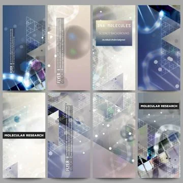 Set of modern vector flyers. DNA molecule structure on dark blue background.  Stock Illustration