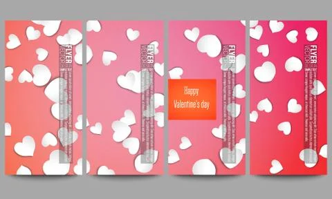 Set of modern vector flyers.  White paper hearts, red background for Valentines Stock Illustration