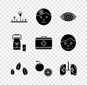 Set Mold, Man having headache, Reddish eye allergic conjunctivitis, Sesame seeds Stock Illustration