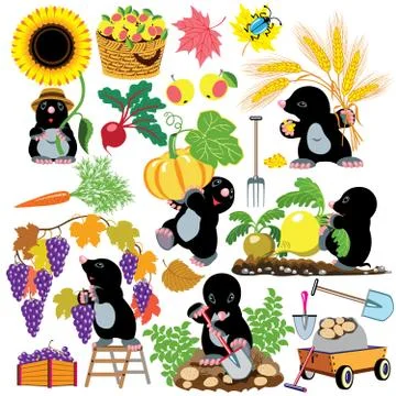 Set with mole working in the garden Stock Illustration
