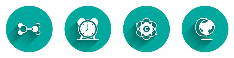 Set Molecule, Alarm clock, Atom and Earth globe icon with long shadow. Vector Stock Illustration