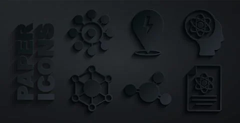 Set Molecule, Atom, Chemistry report, Lightning bolt and Virus icon. Vector Stock Illustration