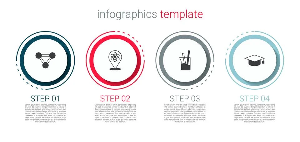Set Molecule, Atom, Laboratory glassware and Graduation cap. Business infog.. Stock Illustration