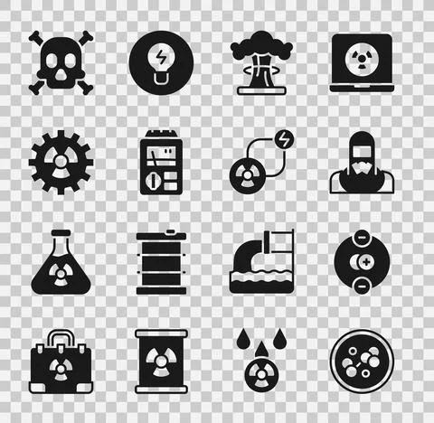 Set Molecule, Atom, Nuclear reactor worker, explosion, Dosimeter, Radioactive Stock Illustration