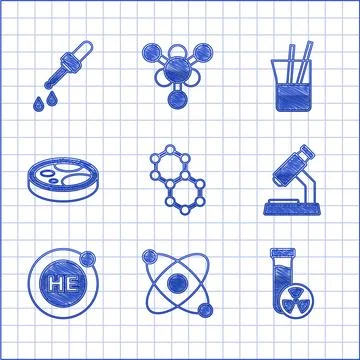 Set Molecule, Atom, Test tube with toxic liquid, Microscope, Helium, Petri dish Stock Illustration