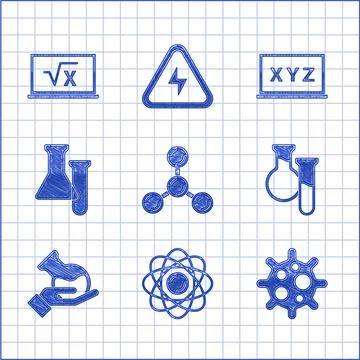 Set Molecule, Atom, Virus, Test tube and flask, XYZ Coordinate system and Square Stock-Illustration