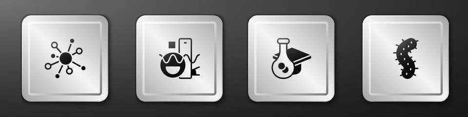 Set Molecule, Basic geometric shapes, Graduation cap and Virus icon. Silver Stock Illustration