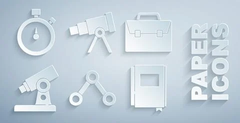 Set Molecule, Briefcase, Microscope, Book, Telescope and Stopwatch icon. Vector Stock Illustration