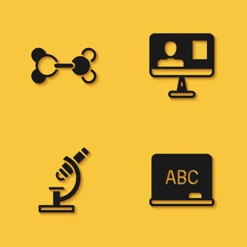 Set Molecule, Chalkboard, Microscope and Online class icon with long shadow Stock Illustration