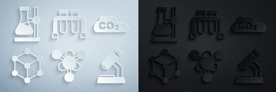 Set Molecule, CO2 emissions in cloud, Microscope, Test tube and flask stand icon イラスト素材