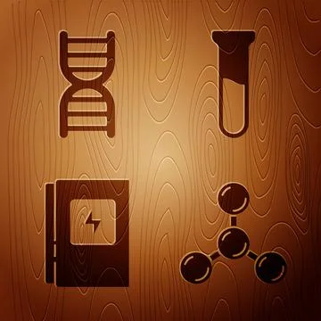 Set Molecule, DNA symbol, Electrical panel and Test tube and flask on wooden Stock Illustration