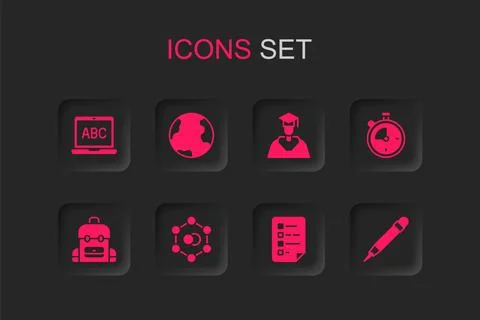 Set Molecule, Earth globe, Laptop, Clipboard with checklist, Stopwatch, Pen.. Stock Illustration