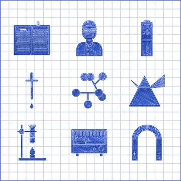 Set Molecule, Electrical measuring instruments, Magnet, Light rays prism, Glass Illustrazione stock