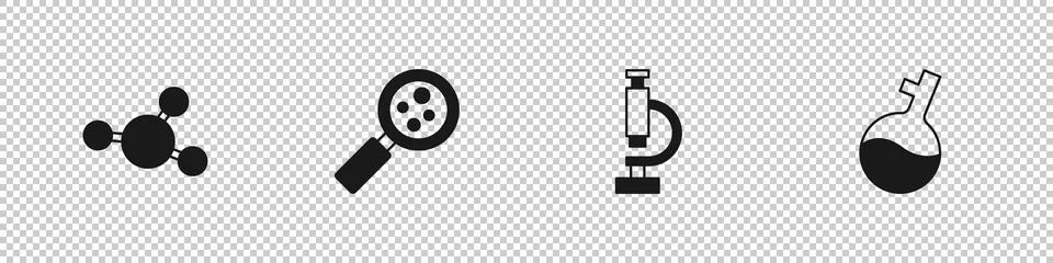 Set Molecule, Microorganisms under magnifier, Microscope and Test tube icon.  库存插图