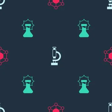 Set Molecule, Microscope and Explosion in the flask on seamless pattern. Vect Stock Illustration