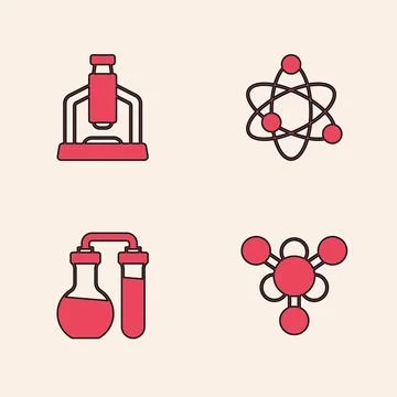 Set Molecule, Microscope, Atom and Test tube icon. Vector イラスト素材