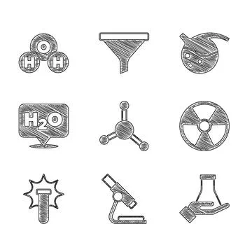 Set Molecule, Microscope, Test tube and flask, Radioactive, Chemical explosion 스톡 일러스트