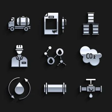 Set Molecule oil, Industry pipe, Broken with leaking water, CO2 emissions c.. Stock Illustration