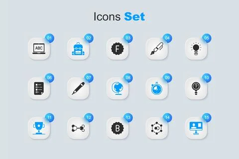Set Molecule, Pencil with eraser, School backpack, Award cup, Online class,.. Stock Illustration