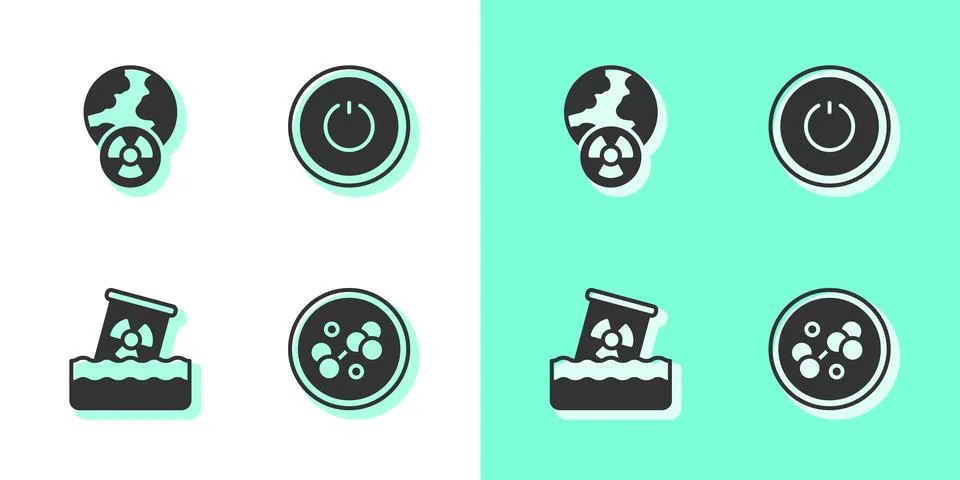 Set Molecule, Planet earth and radiation, Radioactive waste in barrel and Power Stock Illustration