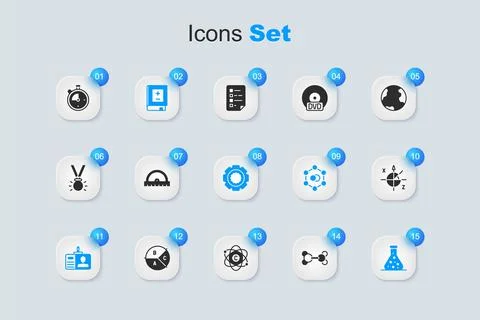 Set Molecule, Protractor grid, Book with mathematics, Identification badge,.. 库存插图
