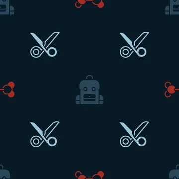 Set Molecule, School backpack and Scissors on seamless pattern. Vector Illustrazione stock