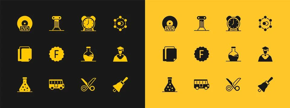 Set Molecule, School Bus, Test tube, Scissors, Exam paper with incorrect an.. 库存插图