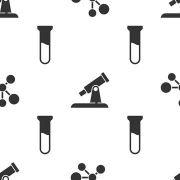 Set Molecule, Telescope and Test tube and flask on seamless pattern. Vector Stock Illustration