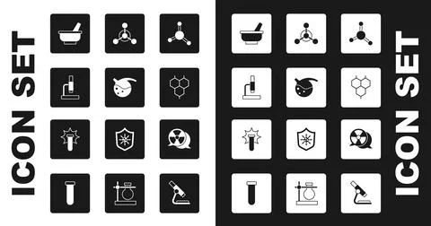 Set Molecule, Test tube and flask, Microscope, Mortar pestle, Chemical formula 스톡 일러스트