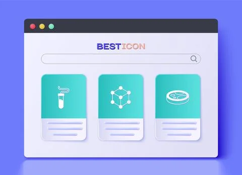 Set Molecule, Test tube and Petri dish with bacteria icon. Vector Illustrazione stock
