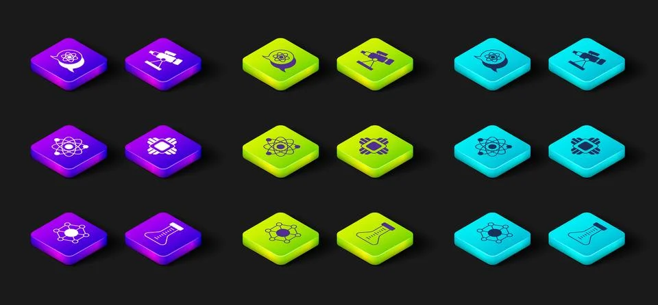 Set Molecule, Test tube, Atom, Processor CPU, Telescope and icon. Vector Stock Illustration