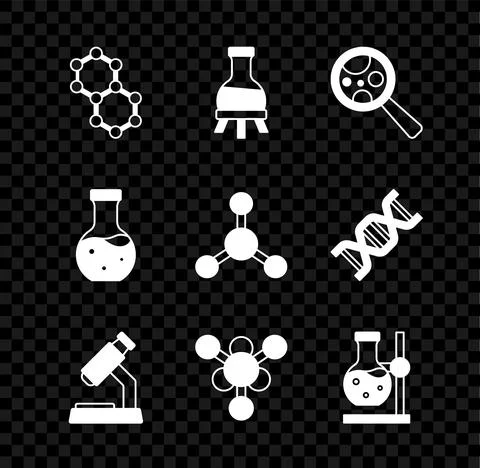 Set Molecule, Test tube, Microorganisms under magnifier, Microscope, flask on Stockillustratie