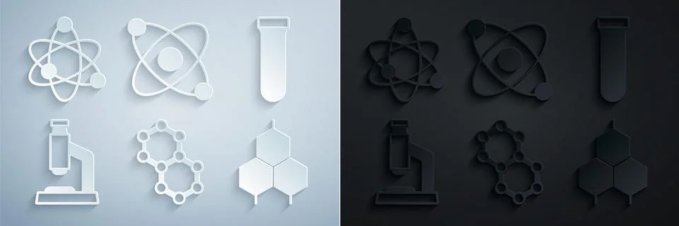 Set Molecule, Test tube, Microscope, Chemical formula, Atom and icon. Vector Stock Illustration
