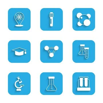 Set Molecule, Test tube, Microscope, Graduation cap, and Atom icon. Vector 스톡 일러스트