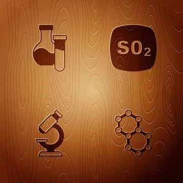 Set Molecule, Test tube, Microscope and Sulfur dioxide SO2 on wooden background イラスト素材