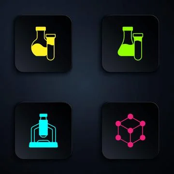 Set Molecule, Test tube, Microscope and . Black square button. Vector Illustrazione stock
