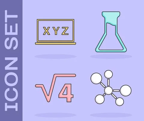 Set Molecule, XYZ Coordinate system, Square root of 4 glyph and Test tube and Stock-Illustration