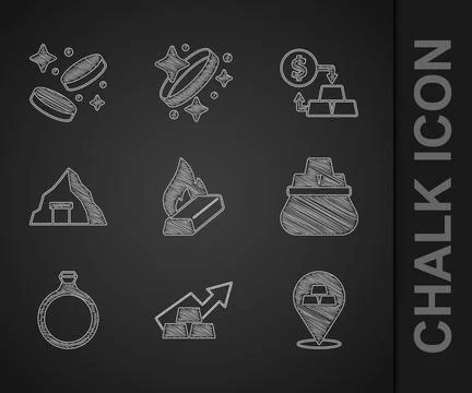 Set Molten gold being poured, Growth arrow with bars, Gold, Bag of, ring, m.. Stock Illustration