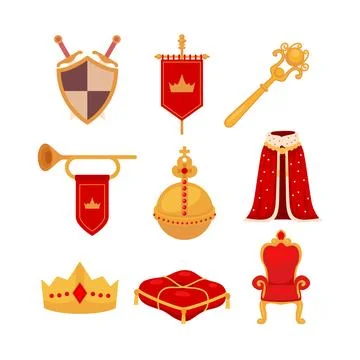 Set of Monarchy attributes collection with golden orb, laurel wreath, trump.. Stock Illustration
