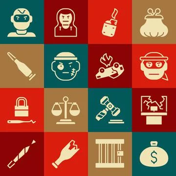 Set Money bag, Broken window, Bandit, Lighter, Bullet, Thief mask and Burning Stock Illustration