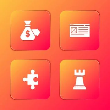 Set Money bag, Browser window, Piece of puzzle and Chess icon. Vector 库存插图