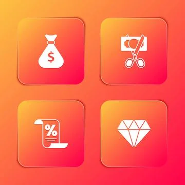 Set Money bag, Scissors cutting money, Finance document and Diamond icon. Vector Stock Illustration