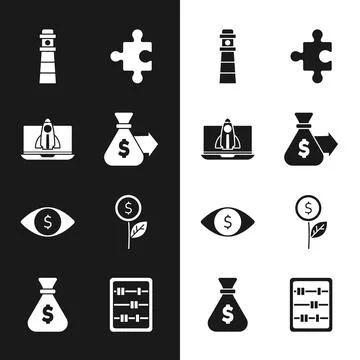 Set Money bag, Startup project concept, Lighthouse, Piece of puzzle, Eye with Stock Illustration