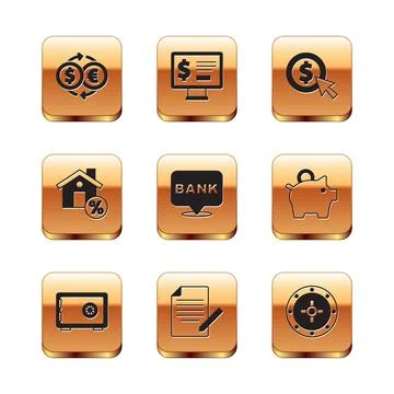 Set Money exchange, Safe, Document and pen, Bank building, House with percant Ilustración de archivo