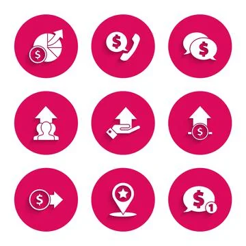 Set Money on hand, Map pointer with star, Speech bubble dollar, Financial gro Stock Illustration