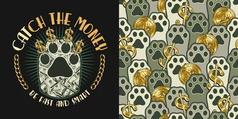 Set of money label and pattern. Raised up cats paws, gold one dollar coins, d Illustrazione stock